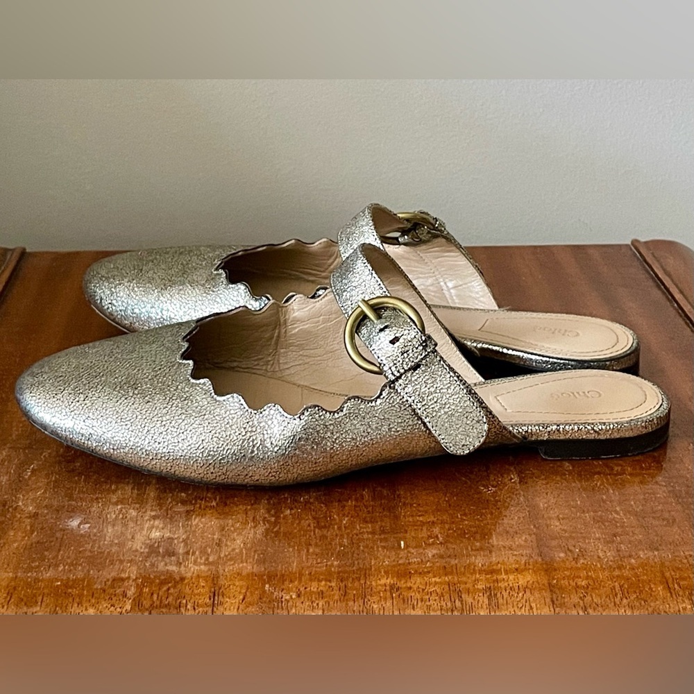 Chloé Metallic Mary Jane Mules with buckles, crackle finish, EUC, sz 36.5